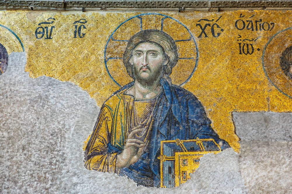 Byzantine mosaic of Jesus Christ inside Hagia Sophia Upper Gallery showing historic Christian artwork in Istanbul