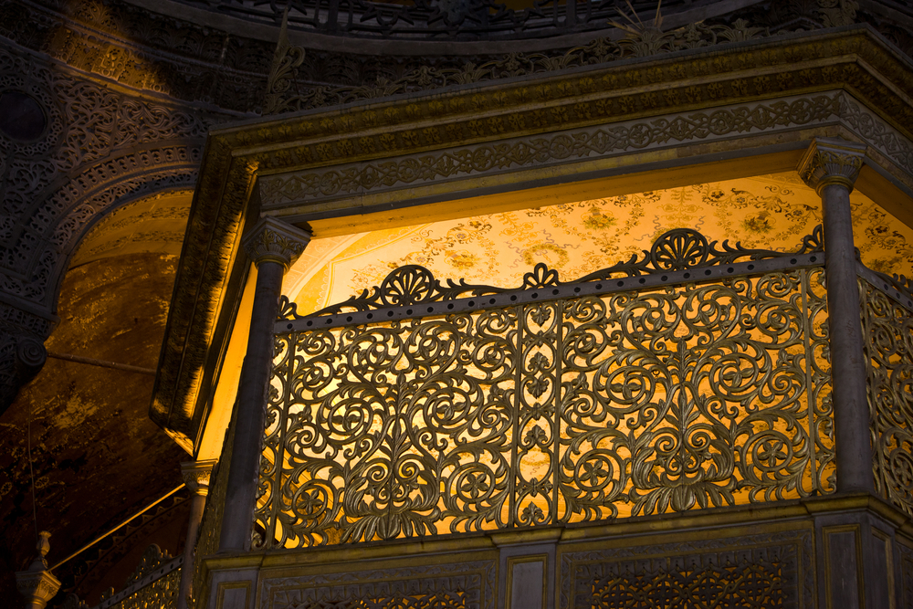Hagia Sophia Sultan's lodge interior view with illuminated ottoman prayer area inside the historic mosque in istanbul